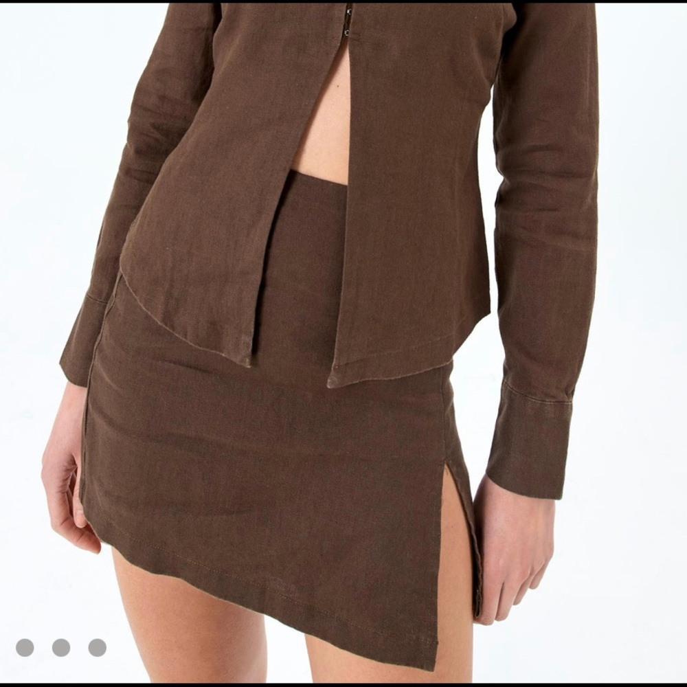 Brown Linen Side Split Mini Skirt